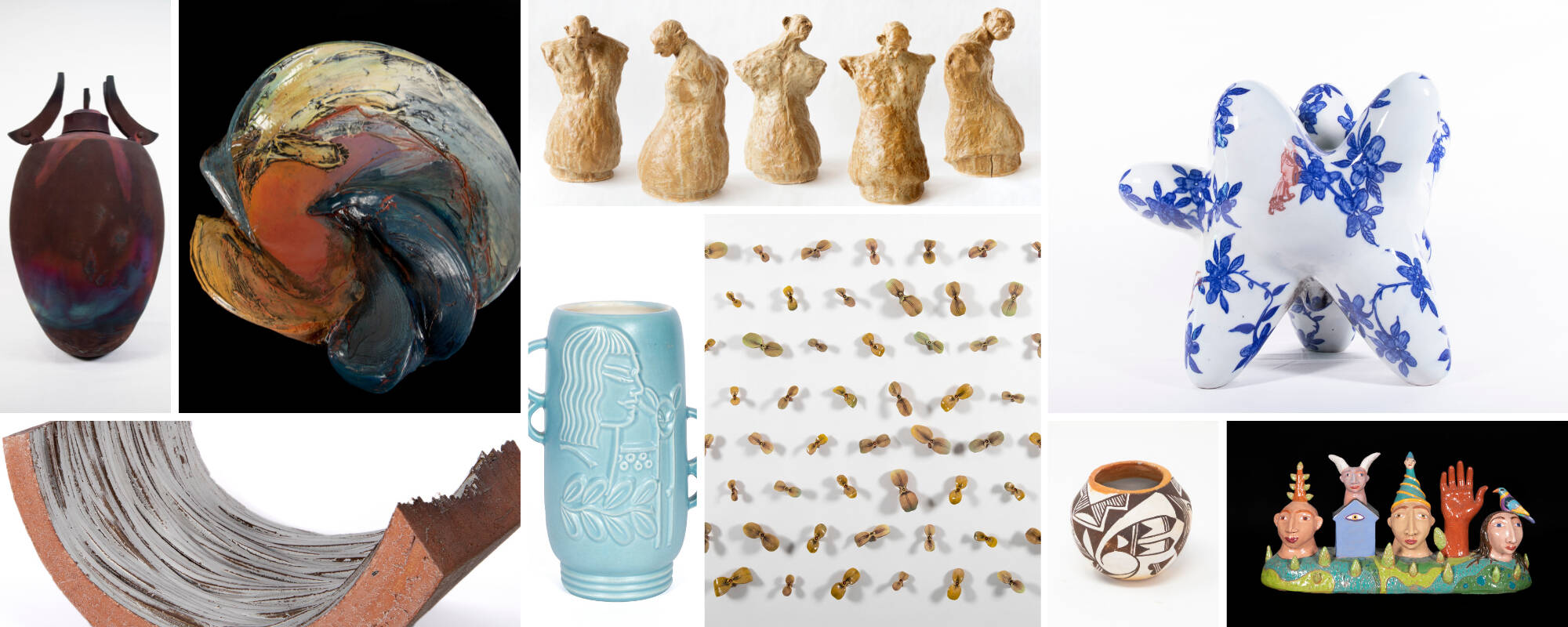 Collage of nine different images from the GVSU Art Museum Collection that showcase the medium of ceramics.